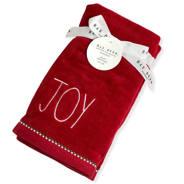 Rae Dunn Hand Towels Red Set of 2  - JOY LL White 16'x 30' Christmas Holiday