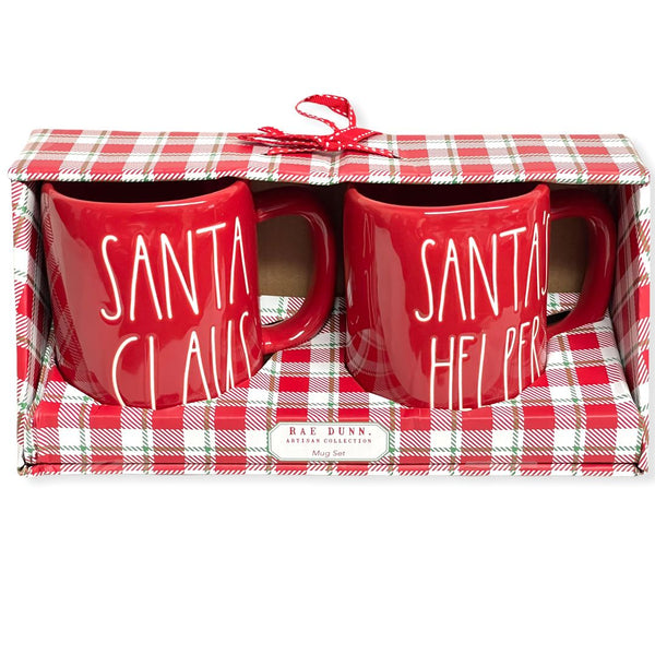 Rae Dunn Red SANTA CLAUS and SANTA'S HELPER Mug Coffee Tea Set of 2