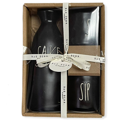 Rae Dunn by Magenta SAKE Pitcher SIP Cups Matte Black Ceramic Set