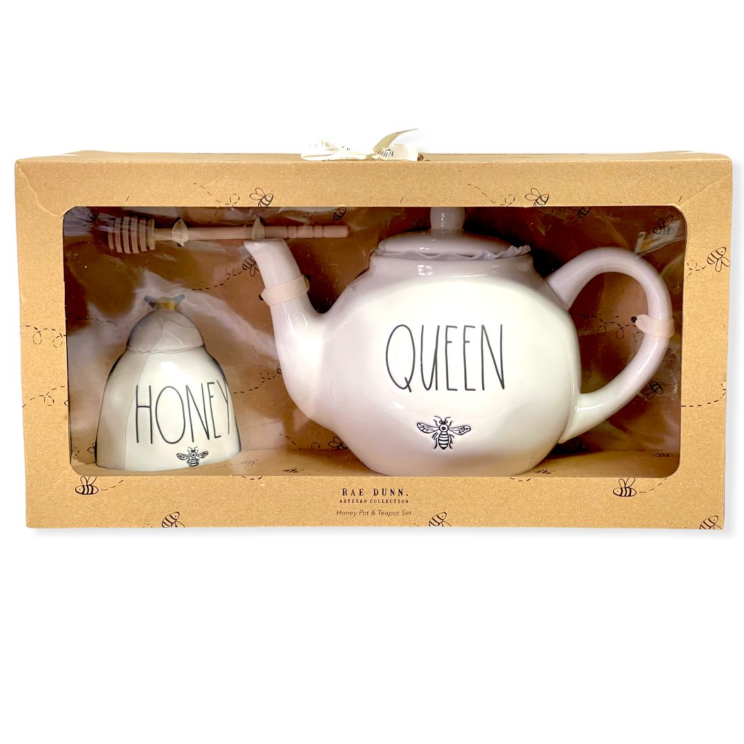 Rae Dunn By Magenta Queen Teapot 59.2 oz and Honey Pot Jar 11.5 oz Gift Set