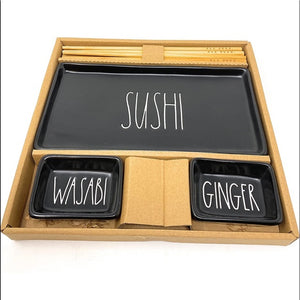 Rae Dunn "Sushi" Plate, Dip Bowls "Wasabi & Ginger" and Set of Chop Sticks Black Ceramic