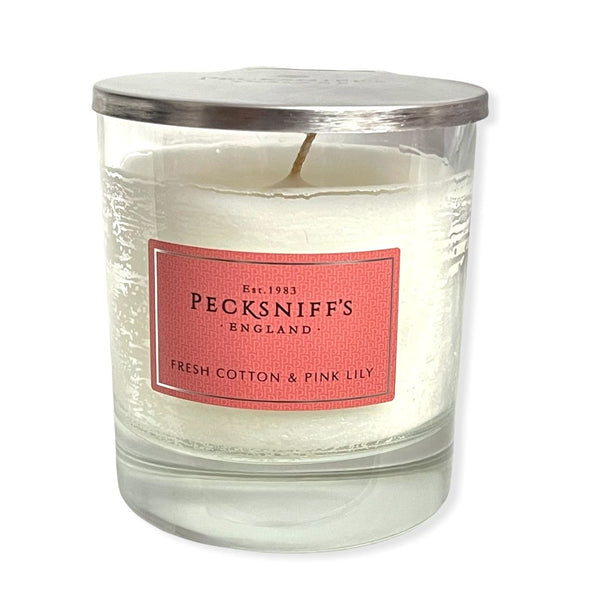 Pecksniff's Fresh Cotton & Pink Lily Candle 5.29 Oz. In Glass With Lid From England